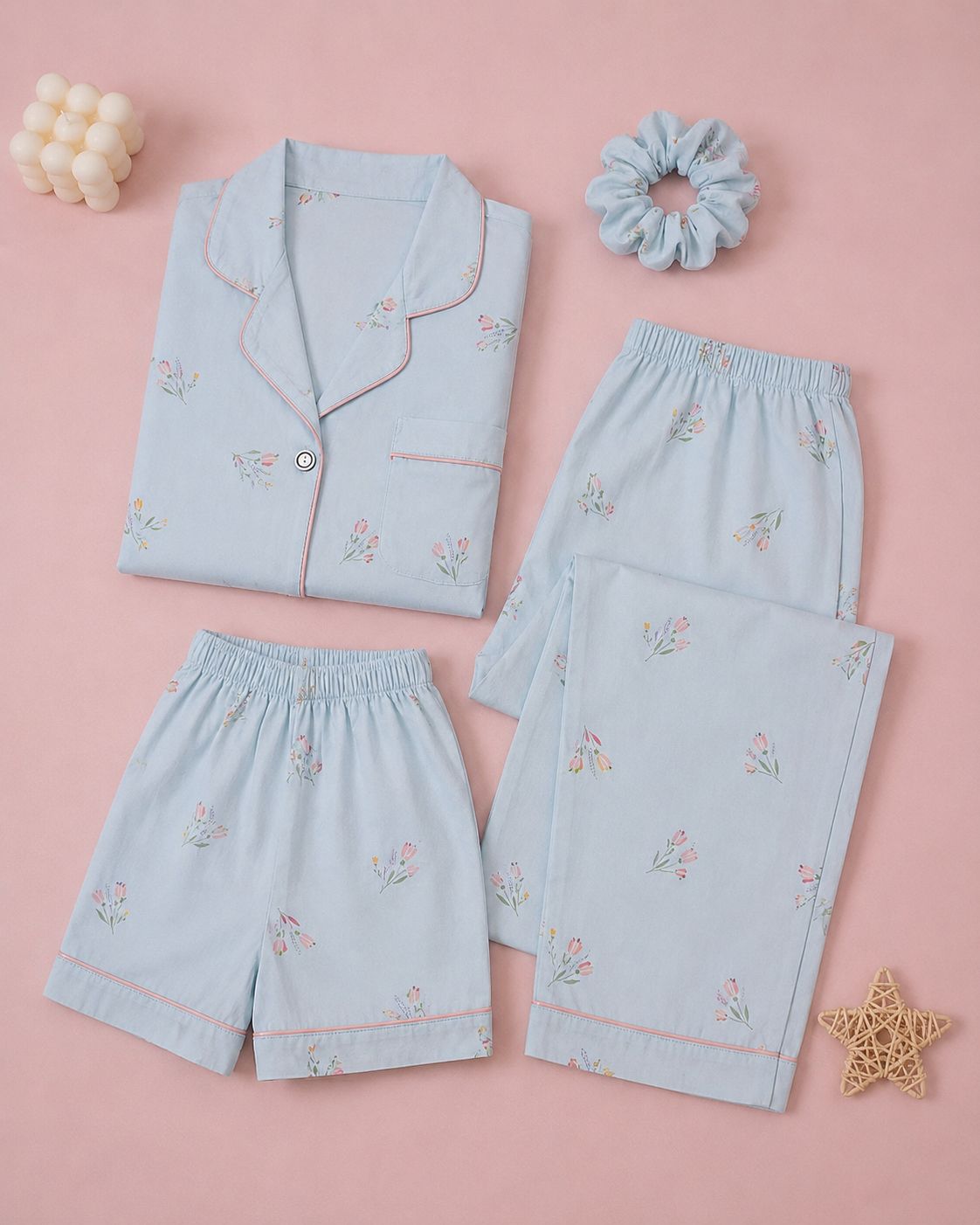 Sky Blue Color 3 Piece Night Suit