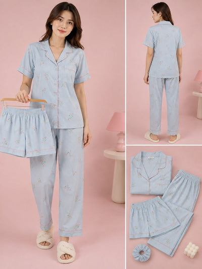 Sky Blue Color 3 Piece Night Suit
