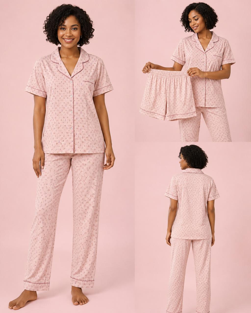 Baby Pink Print 3 Piece Night Suit