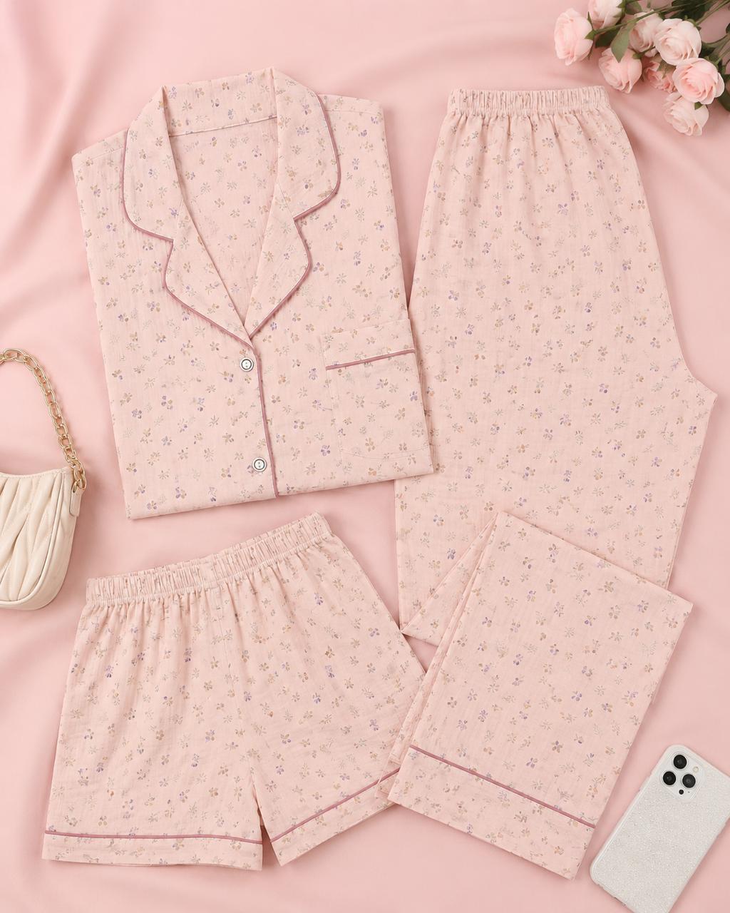 Plane 3 Piece Baby Pink Night Suit