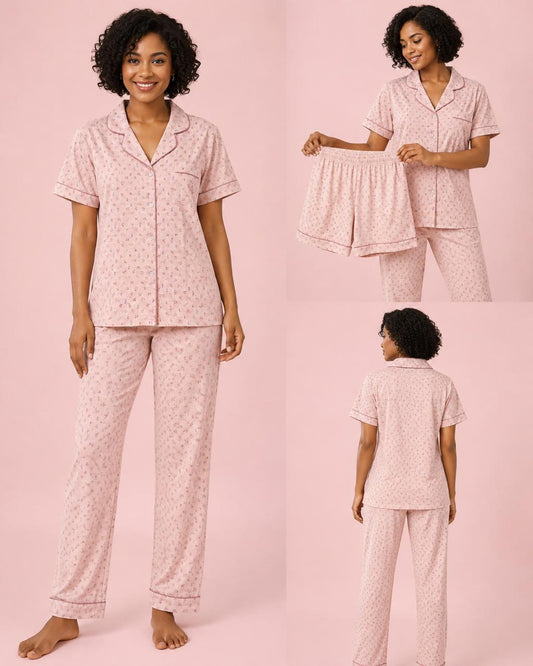 Baby Pink Print 3 Piece Night Suit